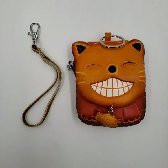 Lucky Cat Coin Purse Leather Maneki Neko Wallet Keychain Fish Charm - Picture 4 of 14